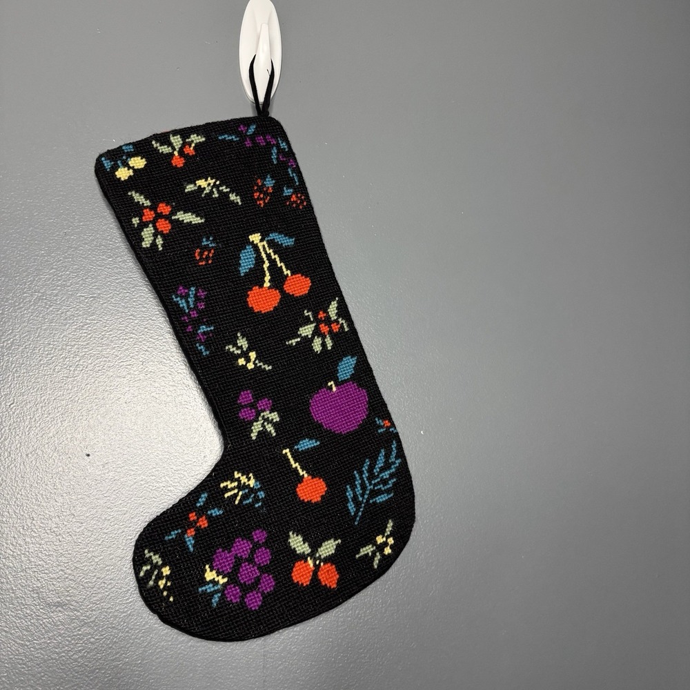 Handcrafted Needlepoint Christmas Stocking Vintage 14" Fruit Pattern Cherry Wool
